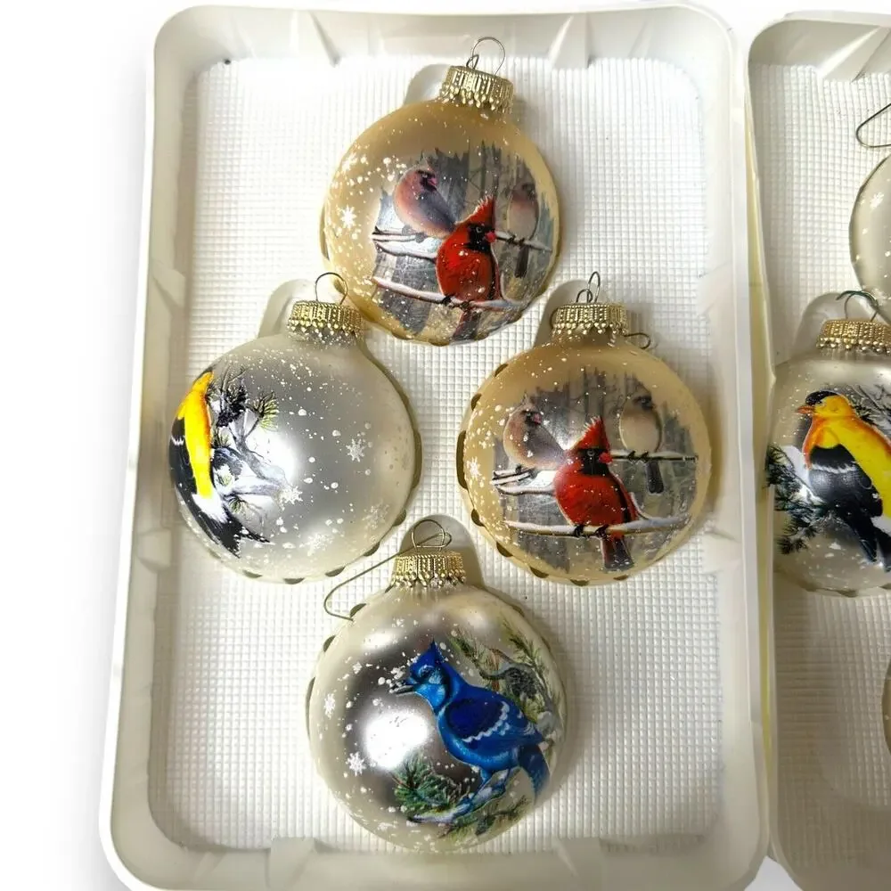 Vintage Krebs Glass Bird Ornaments 2 Sets Cardinal Blue Jay Gold Finch Wildlife